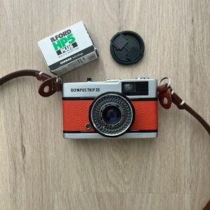 Vintage Refurbished Olympus Trip 35 film camera (point and shoot)-orange